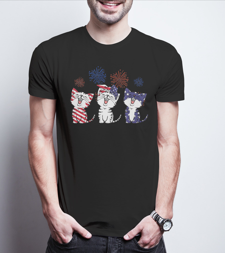 Red White Blue Cats America Celebration Fireworks T-Shirt