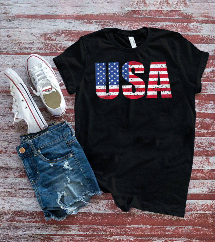 USA Flag American Patriotic Stars And Stripes Bold Lettering T-Shirt