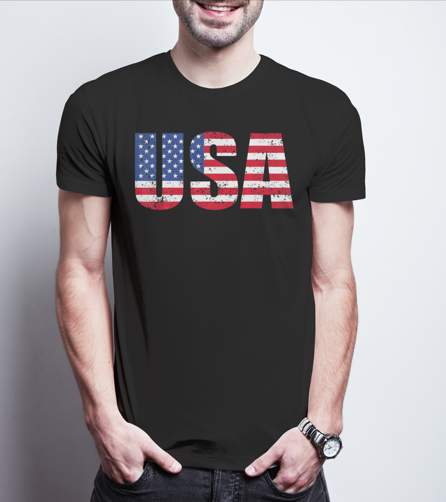 USA Flag American Patriotic Stars And Stripes Bold Lettering T-Shirt