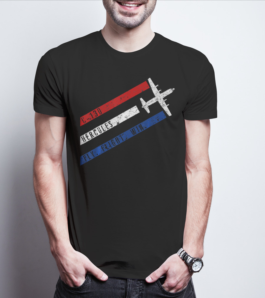 C 130 Hercules Fly Fight Win Red White Blue Stripes Airplane T-Shirt