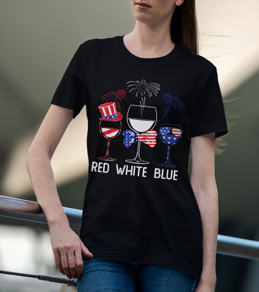 Red White Blue Wine Glasses Patriotic Fireworks USA T-Shirt