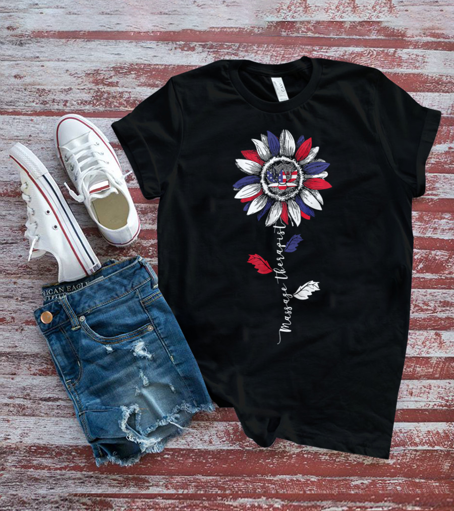 Massage Therapist Patriotic Sunflower American Flag T-Shirt