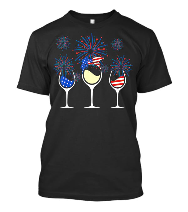 Patriotic Red White Blue Wine Glasses With Fireworks T-Shirt