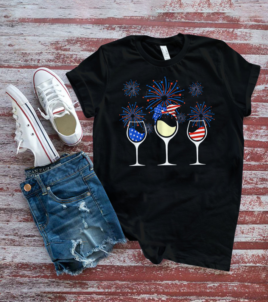 Patriotic Red White Blue Wine Glasses With Fireworks T-Shirt