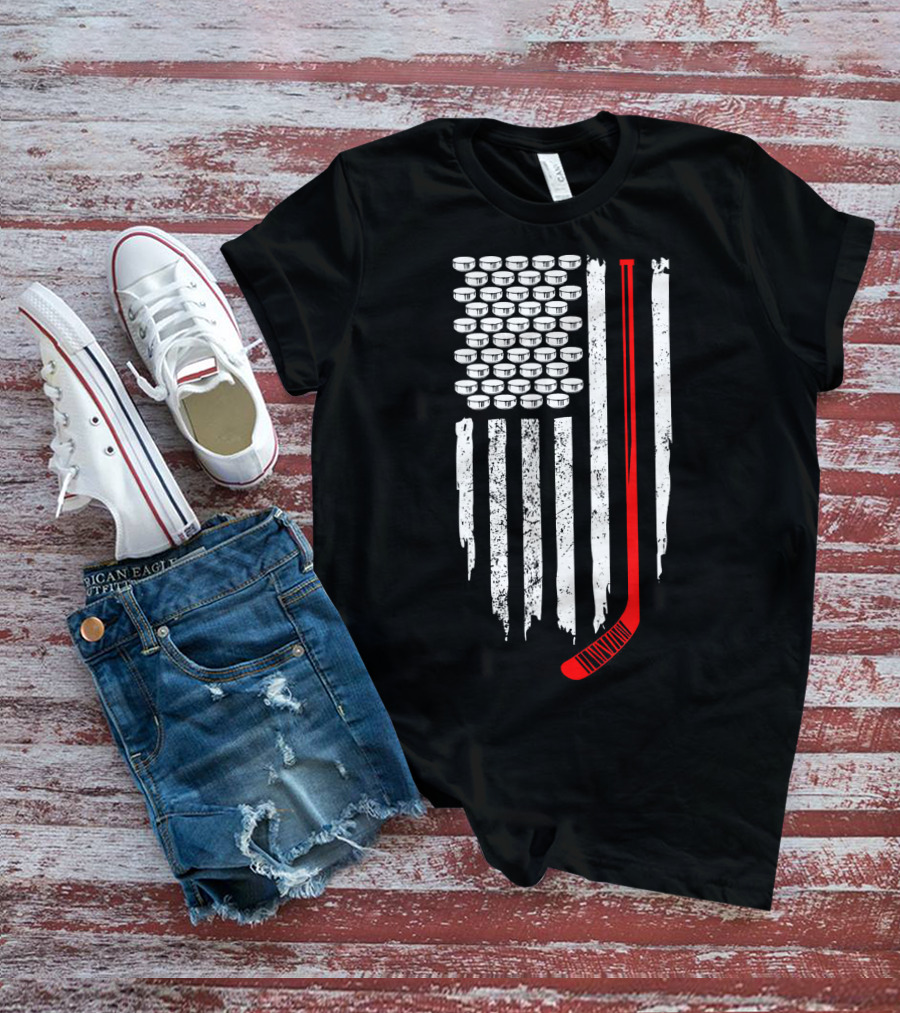 Patriotic Hockey Flag Design With Red Hockey Stick And Puck Stars T-Shirt