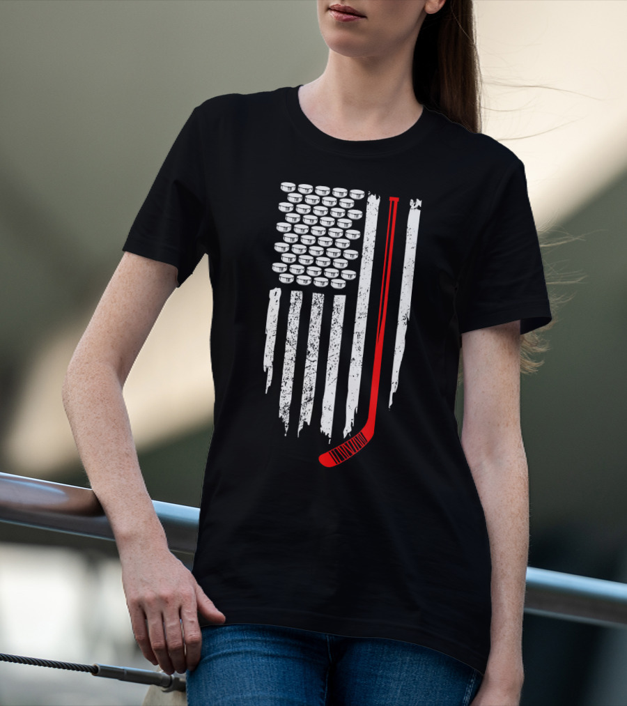 Patriotic Hockey Flag Design With Red Hockey Stick And Puck Stars T-Shirt
