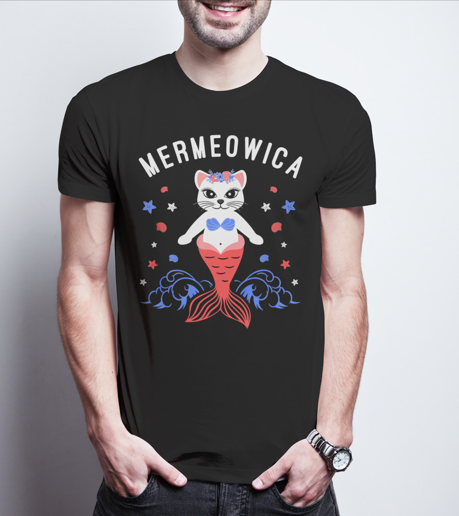 Mermeowica Patriotic Cat Mermaid With Flowers And Stars T-Shirt