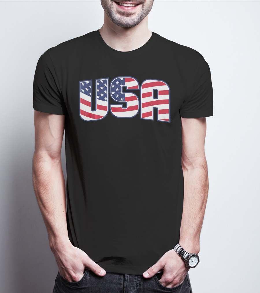 USA Flag Stars And Stripes Lettering T-Shirt