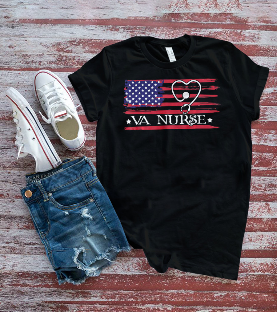 American Flag VA Nurse Heart Stethoscope Patriotic T-Shirt
