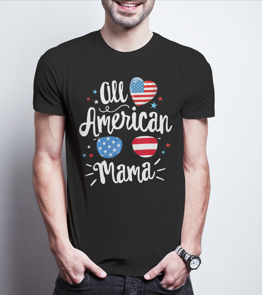 All American Mama Heart And Sunglasses With Flag Elements T-Shirt
