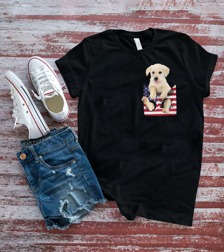 Labrador Puppy Sitting In American Flag Pocket T-Shirt
