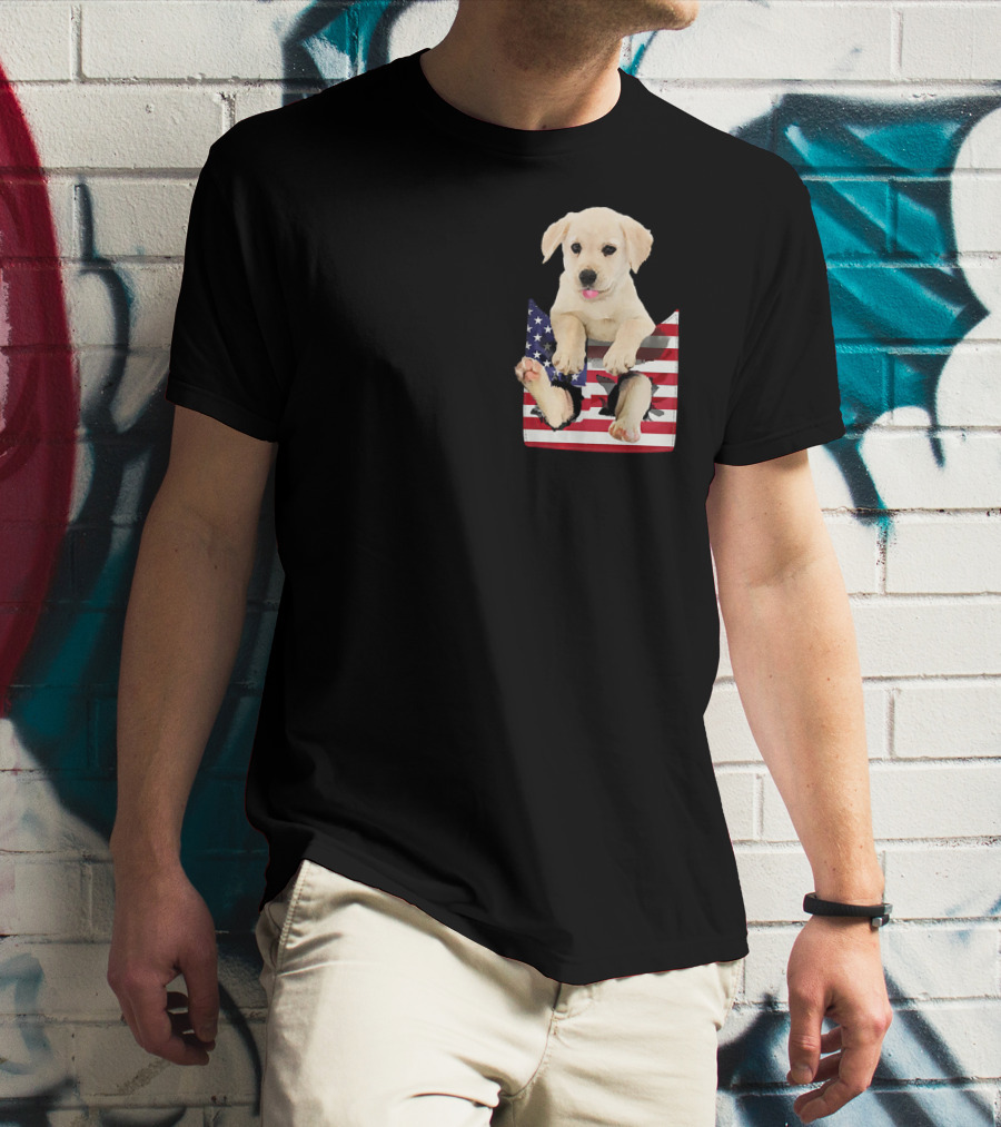 Labrador Puppy Sitting In American Flag Pocket T-Shirt