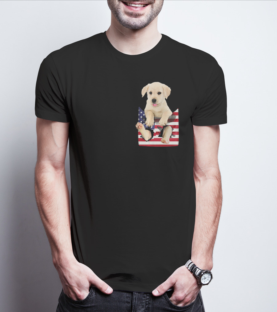 Labrador Puppy Sitting In American Flag Pocket T-Shirt