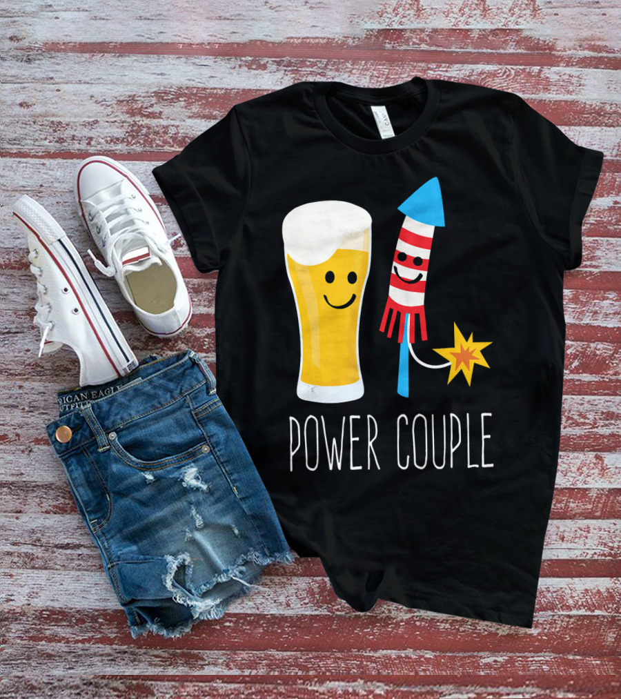 Beer And Fireworks Power Couple Smiling Glass And Rocket T-Shirt