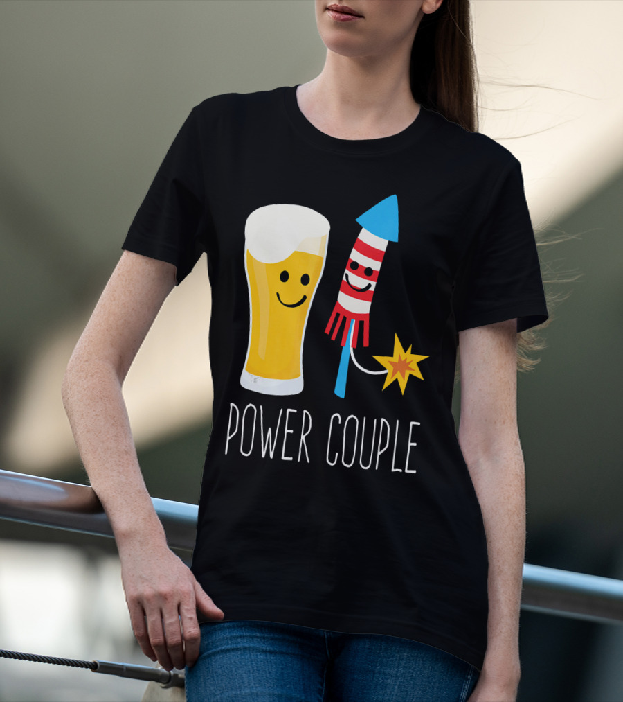 Beer And Fireworks Power Couple Smiling Glass And Rocket T-Shirt