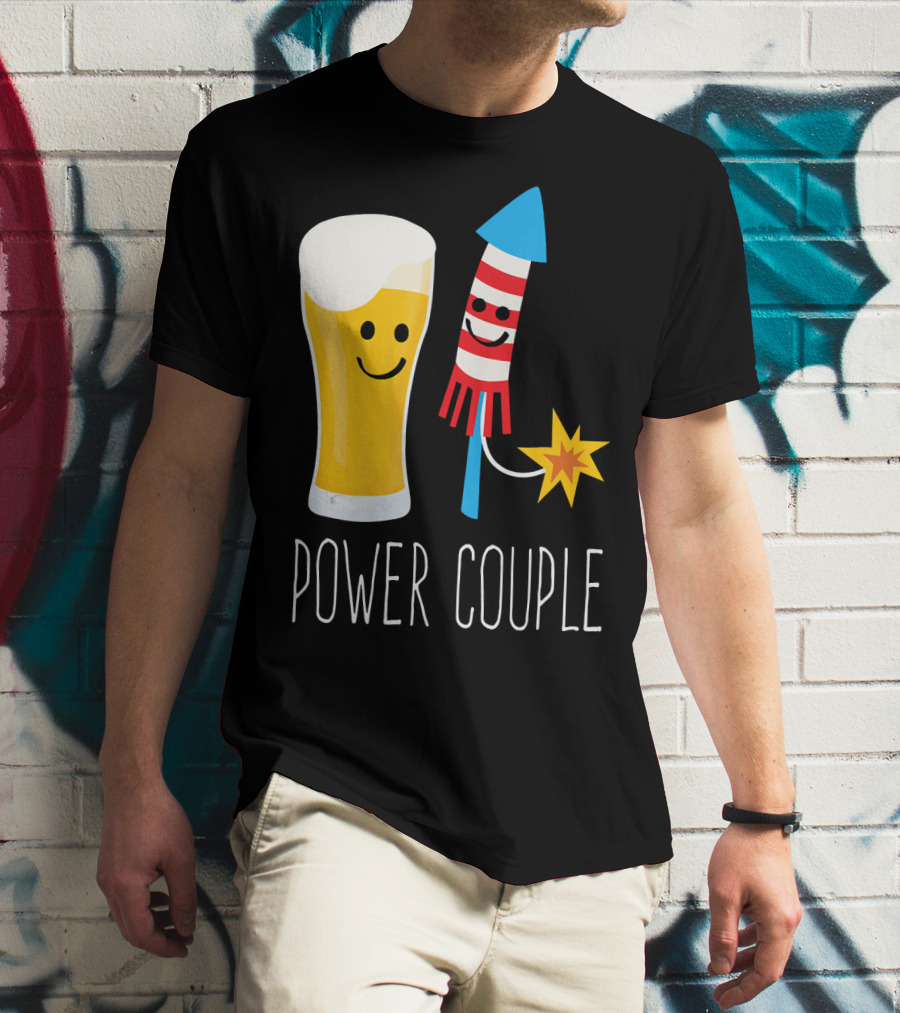 Beer And Fireworks Power Couple Smiling Glass And Rocket T-Shirt