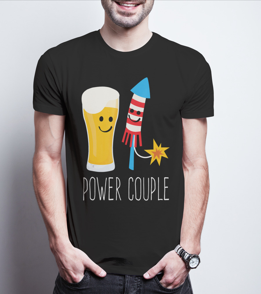 Beer And Fireworks Power Couple Smiling Glass And Rocket T-Shirt