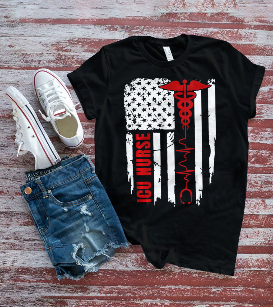 ICU Nurse American Flag Caduceus Heartbeat T-Shirt