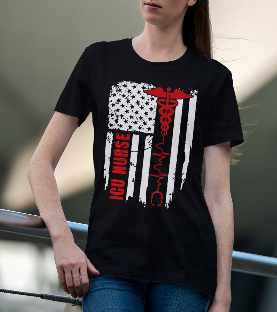 ICU Nurse American Flag Caduceus Heartbeat T-Shirt