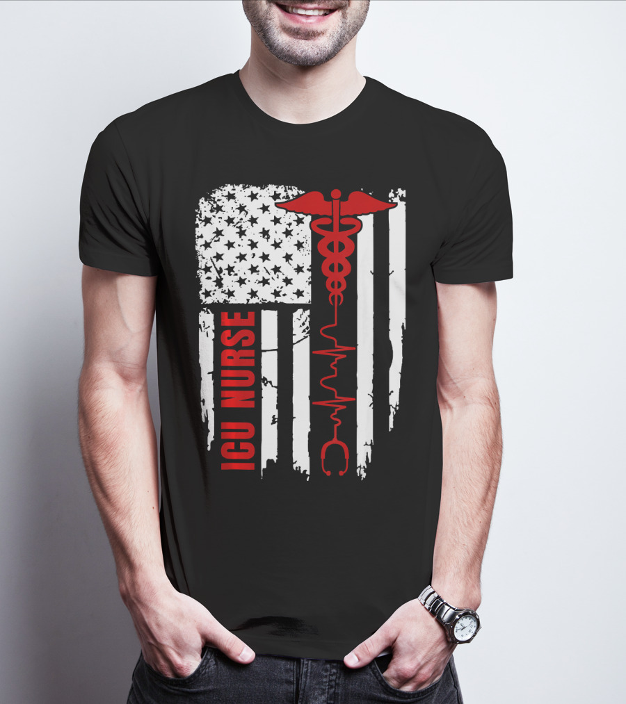 ICU Nurse American Flag Caduceus Heartbeat T-Shirt