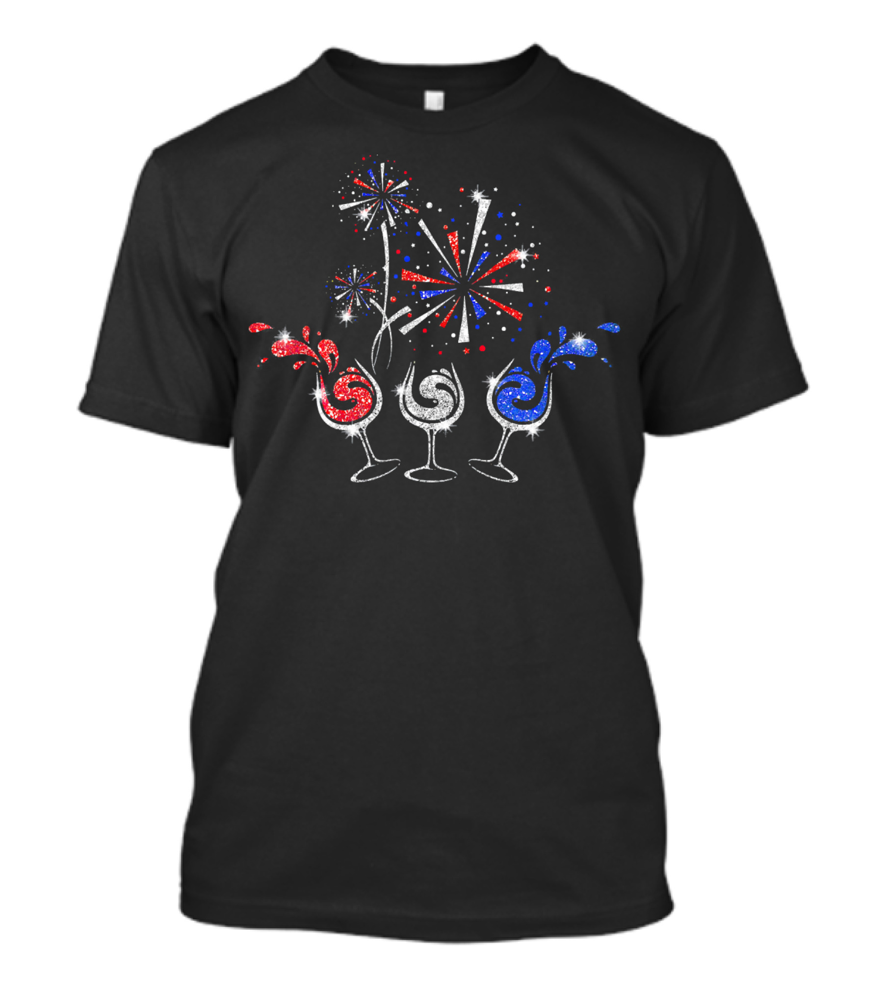 Red White And Blue Wine Glasses Fireworks T-Shirt