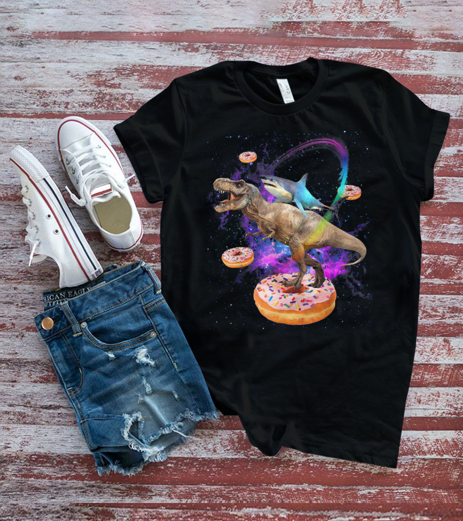 Space Shark And T-Rex Riding On Glazed Donut Galaxy T-Shirt