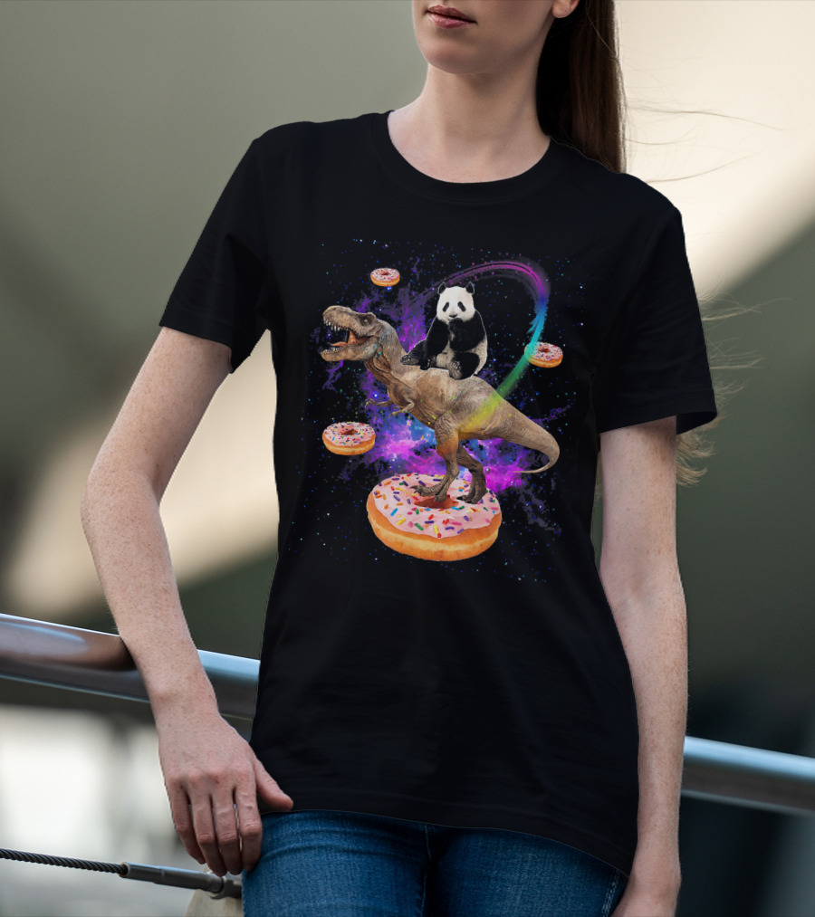 Space Panda Riding T-Rex On Sprinkled Donuts In Galaxy T-Shirt
