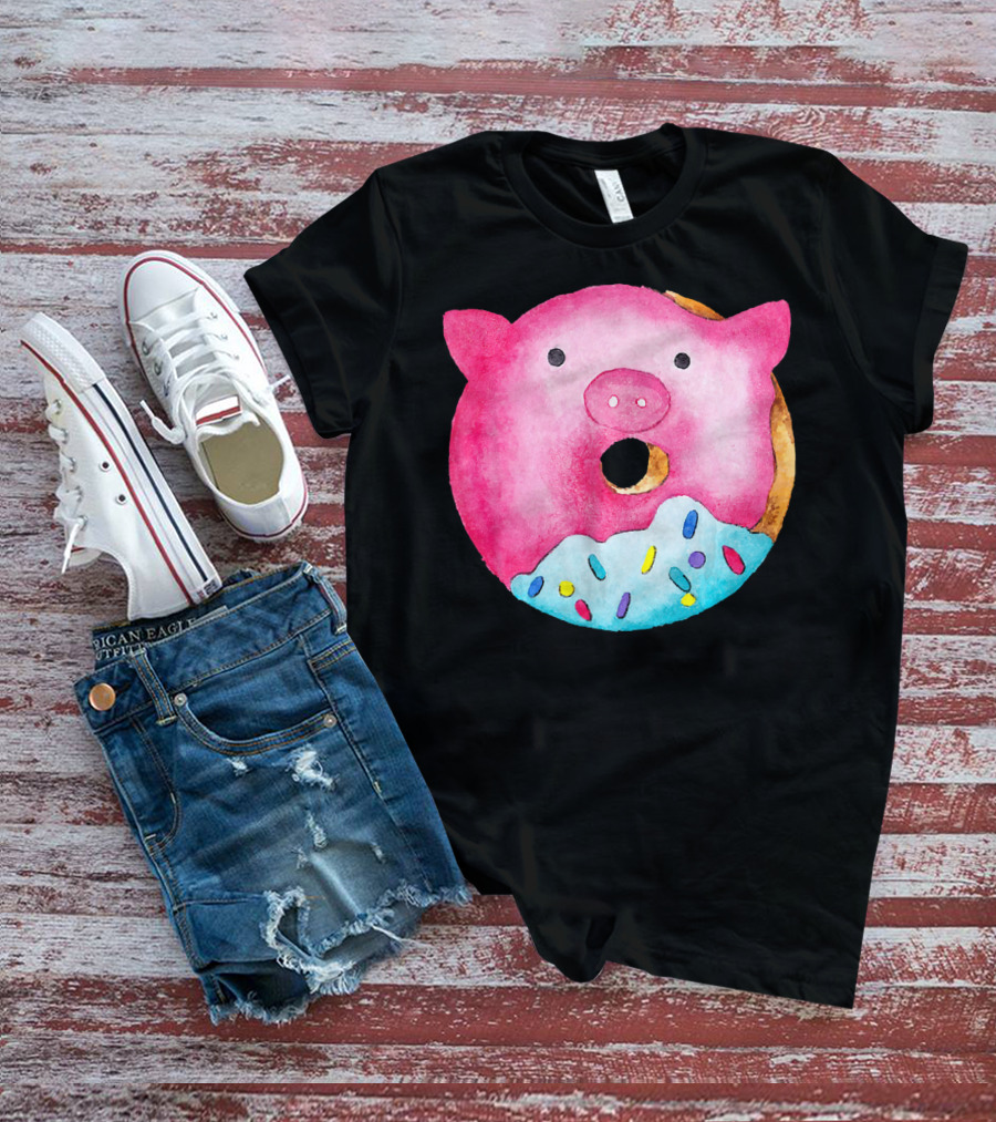 Donut Pig Watercolor Pink Frosting Sprinkles T-Shirt