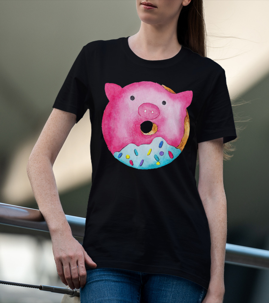 Donut Pig Watercolor Pink Frosting Sprinkles T-Shirt