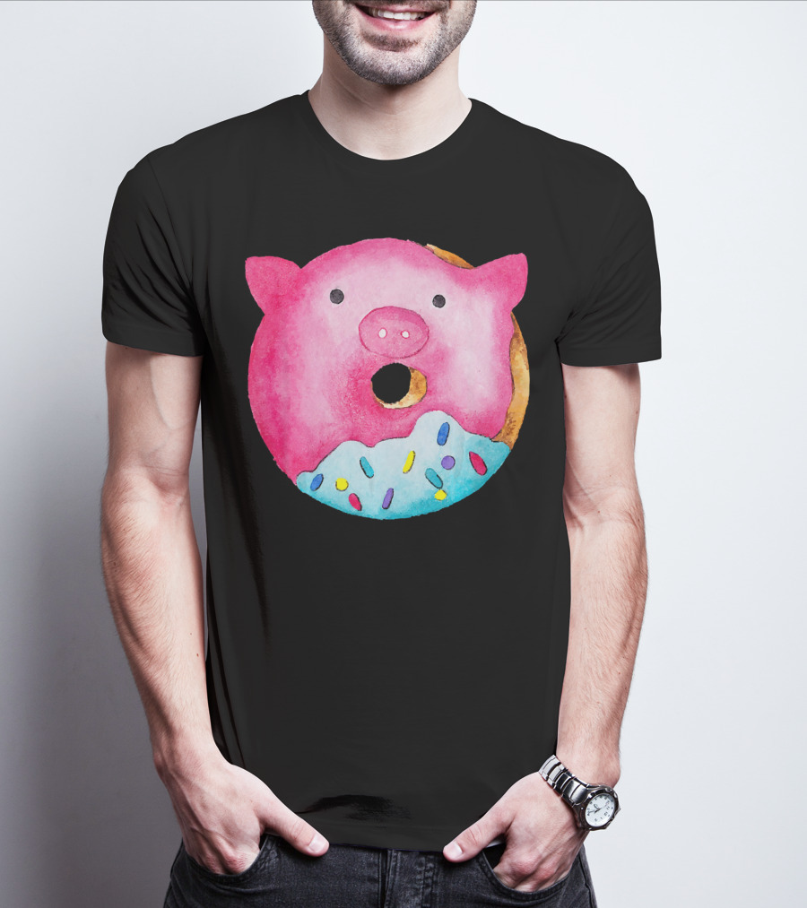 Donut Pig Watercolor Pink Frosting Sprinkles T-Shirt