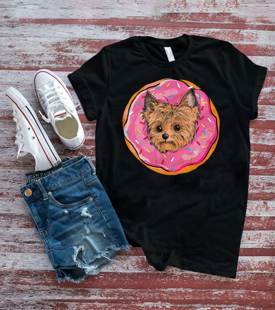Funny Donut Dog Face Yorkie Yorkie Donut Sprinkles T-Shirt