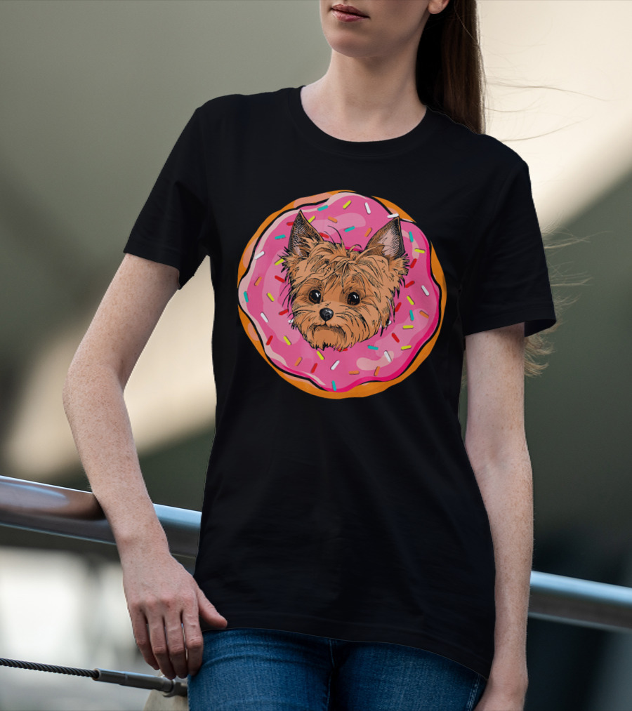 Funny Donut Dog Face Yorkie Yorkie Donut Sprinkles T-Shirt