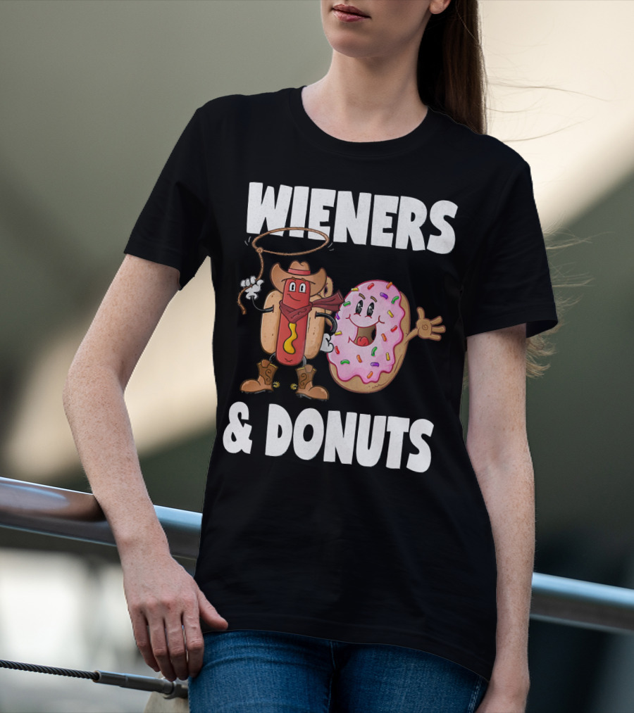 WIENERS And DONUTS Funny Vintage Hot Dog Cowboy And Happy Donut With Sprinkles T-Shirt