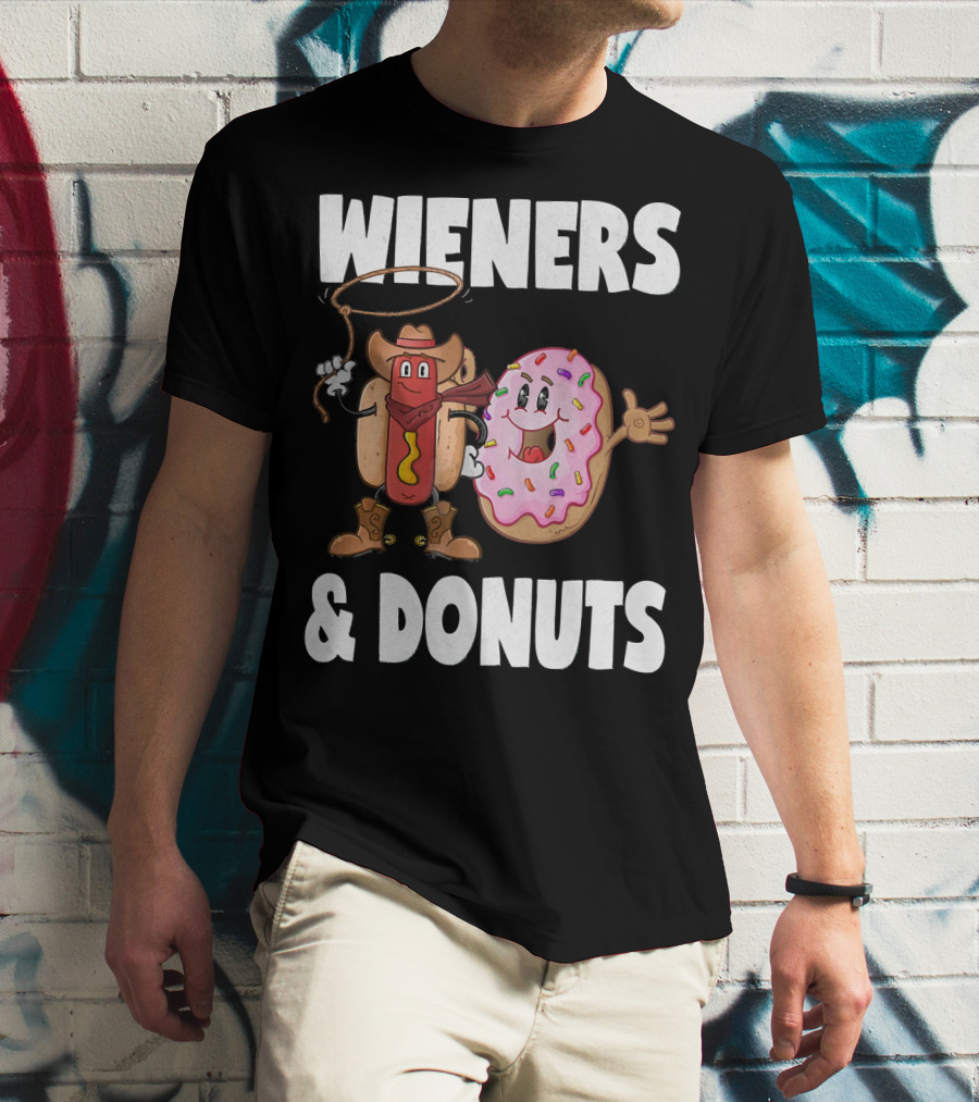 WIENERS And DONUTS Funny Vintage Hot Dog Cowboy And Happy Donut With Sprinkles T-Shirt