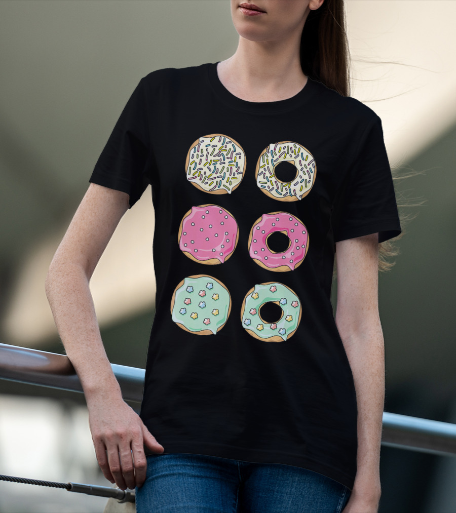 Colorful Pastel Sprinkles Donuts Pink Glaze Floral Shapes T-Shirt