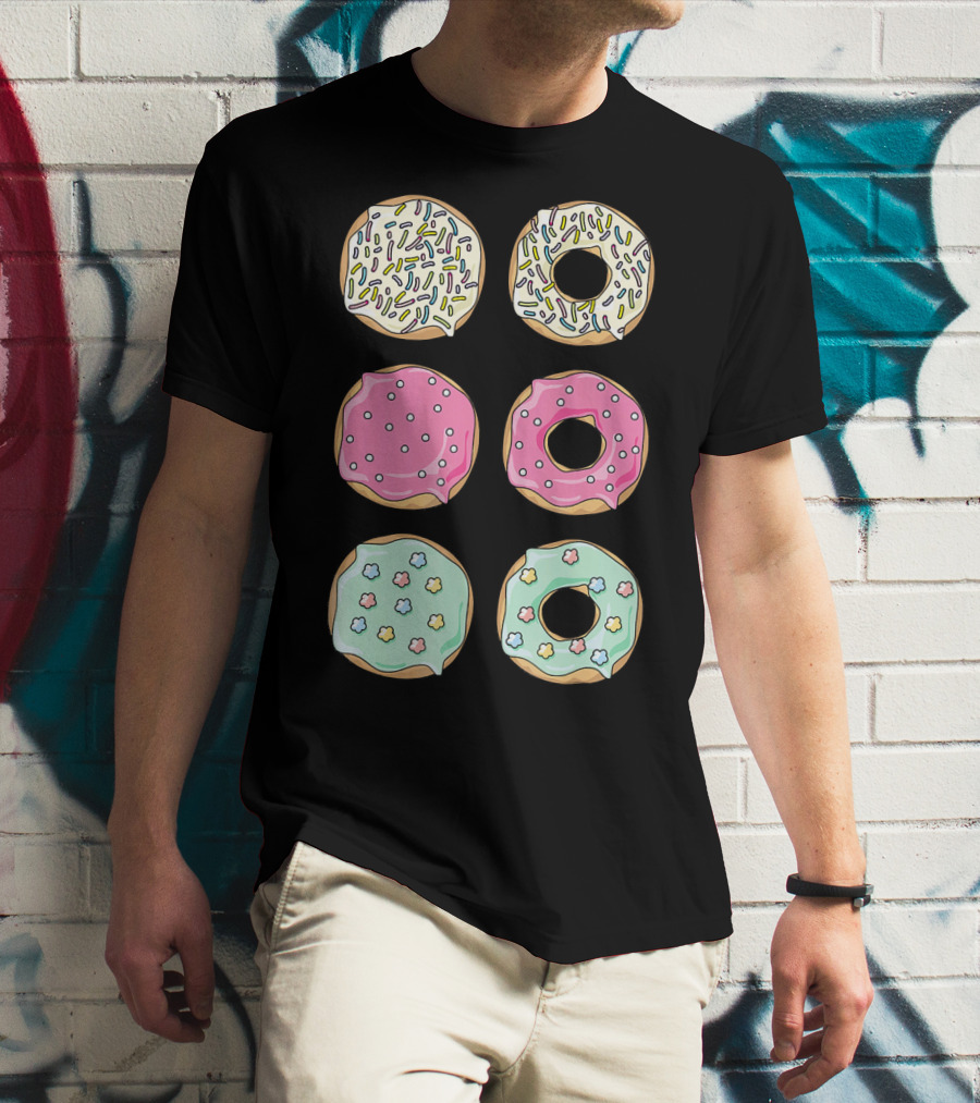 Colorful Pastel Sprinkles Donuts Pink Glaze Floral Shapes T-Shirt