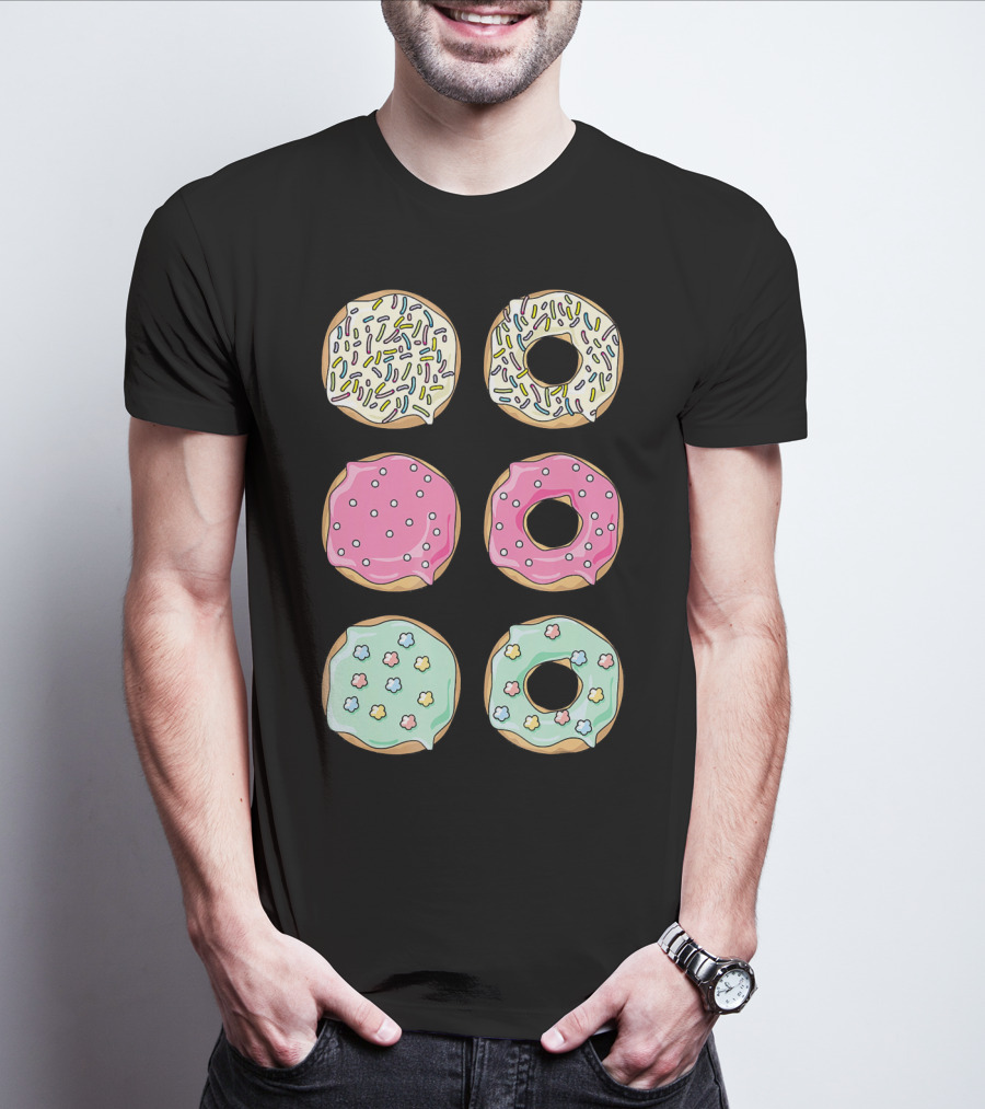Colorful Pastel Sprinkles Donuts Pink Glaze Floral Shapes T-Shirt