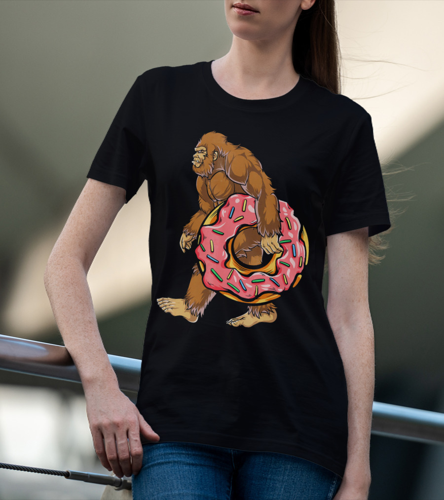 Bigfoot Sasquatch Holding Sprinkled Donut T-Shirt