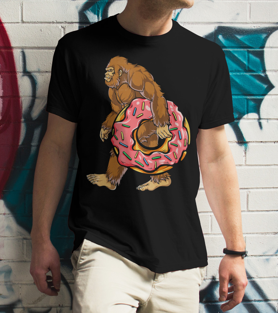 Bigfoot Sasquatch Holding Sprinkled Donut T-Shirt