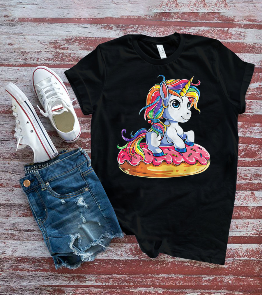 Rainbow Unicorn Sitting On Donut Girls Kids T-Shirt