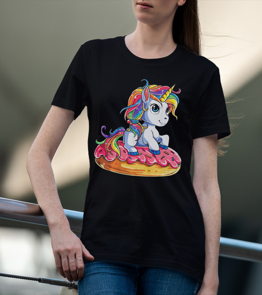 Rainbow Unicorn Sitting On Donut Girls Kids T-Shirt