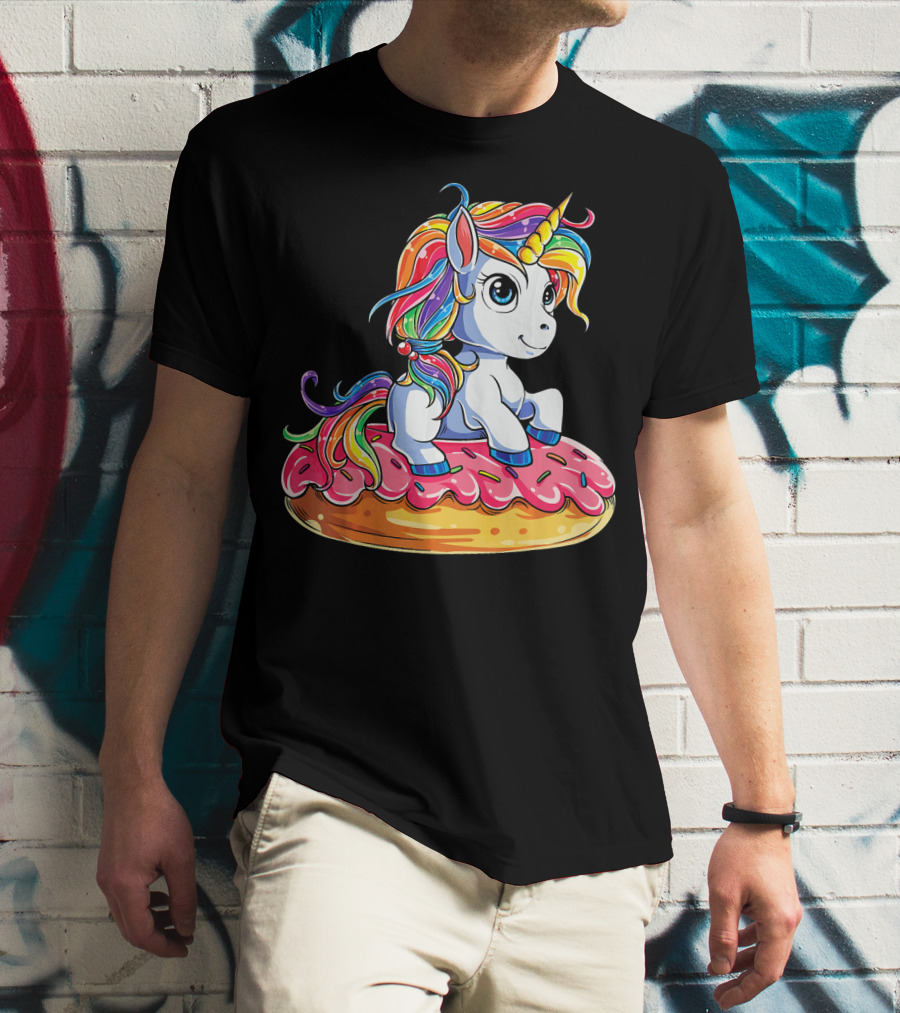 Rainbow Unicorn Sitting On Donut Girls Kids T-Shirt