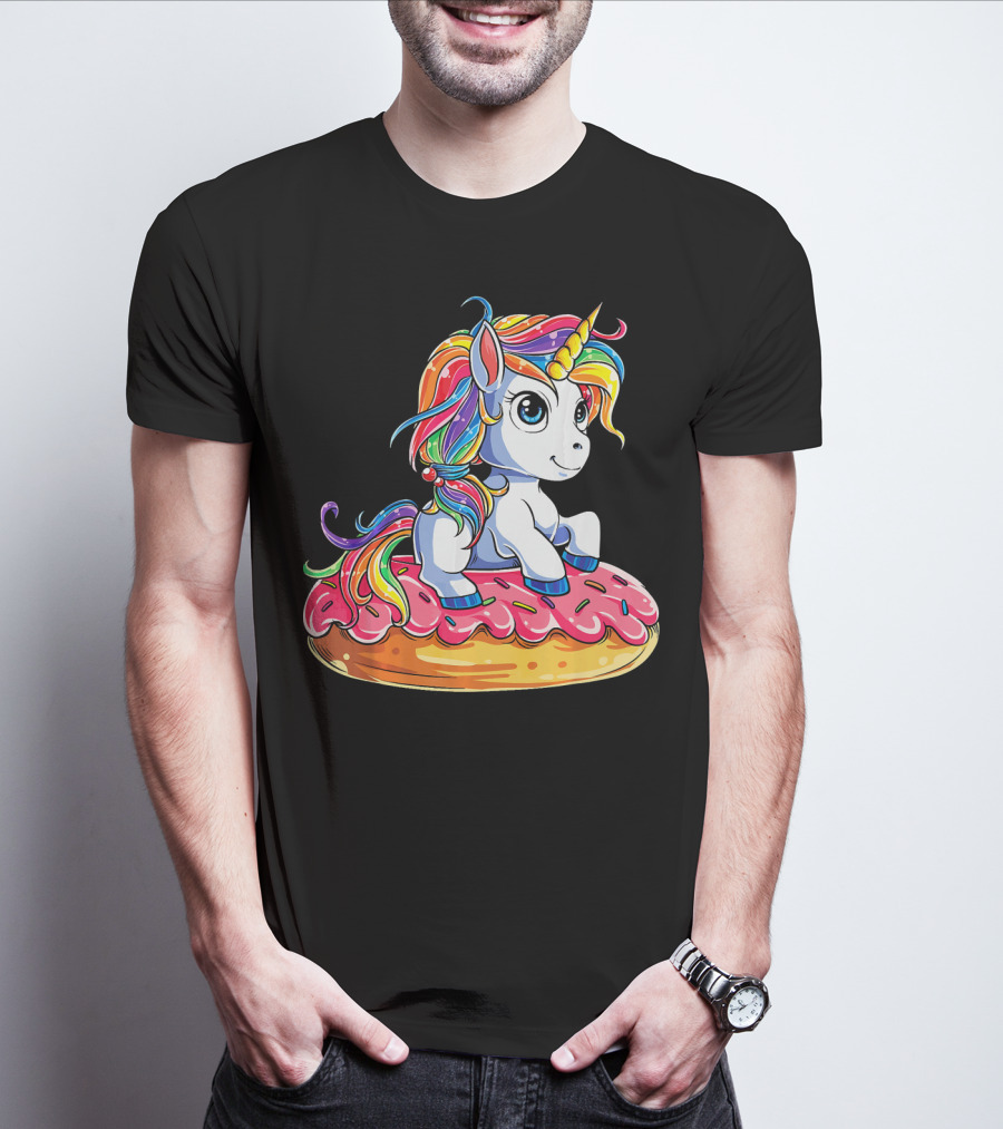 Rainbow Unicorn Sitting On Donut Girls Kids T-Shirt