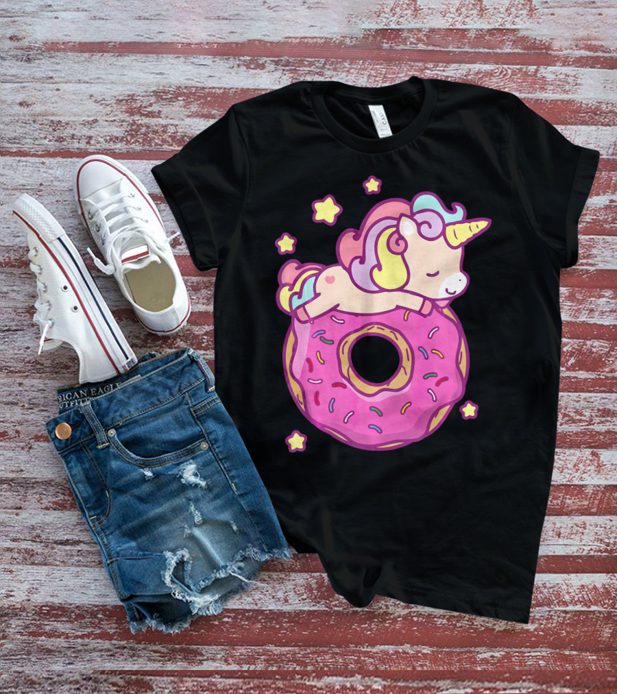 Cute Unicorn Donut Girls Kids Donut Day Sleepy Starry Sprinkle Delight T-Shirt