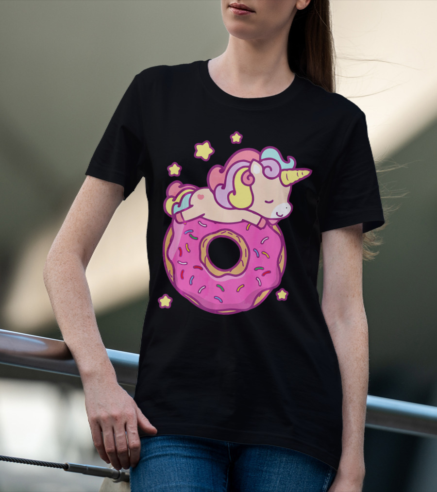 Cute Unicorn Donut Girls Kids Donut Day Sleepy Starry Sprinkle Delight T-Shirt