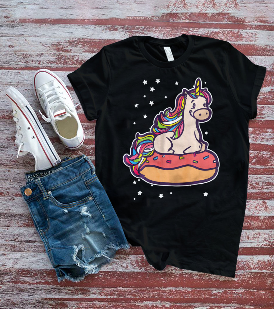 Rainbown Pastel Colors Unicorn Donut Fun With Stars T-Shirt