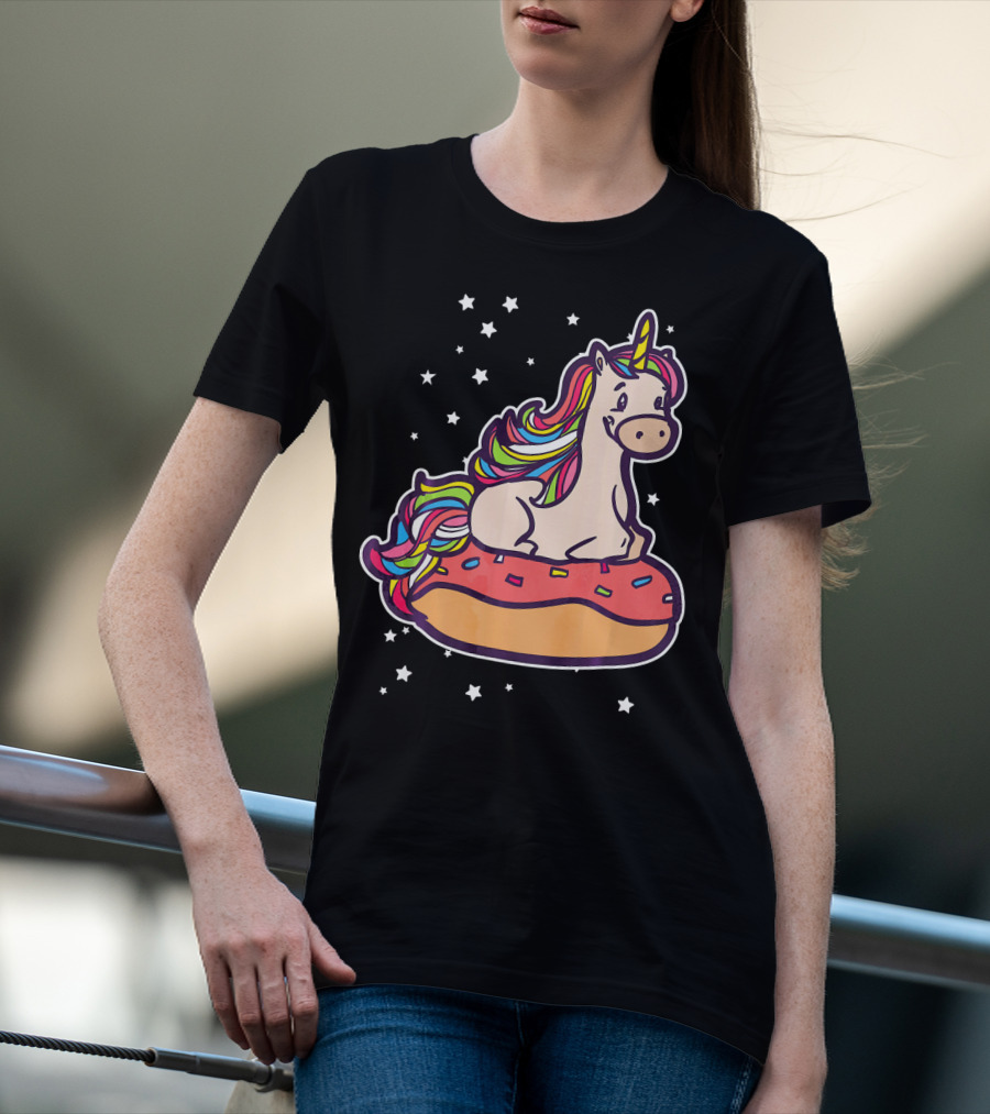 Rainbown Pastel Colors Unicorn Donut Fun With Stars T-Shirt