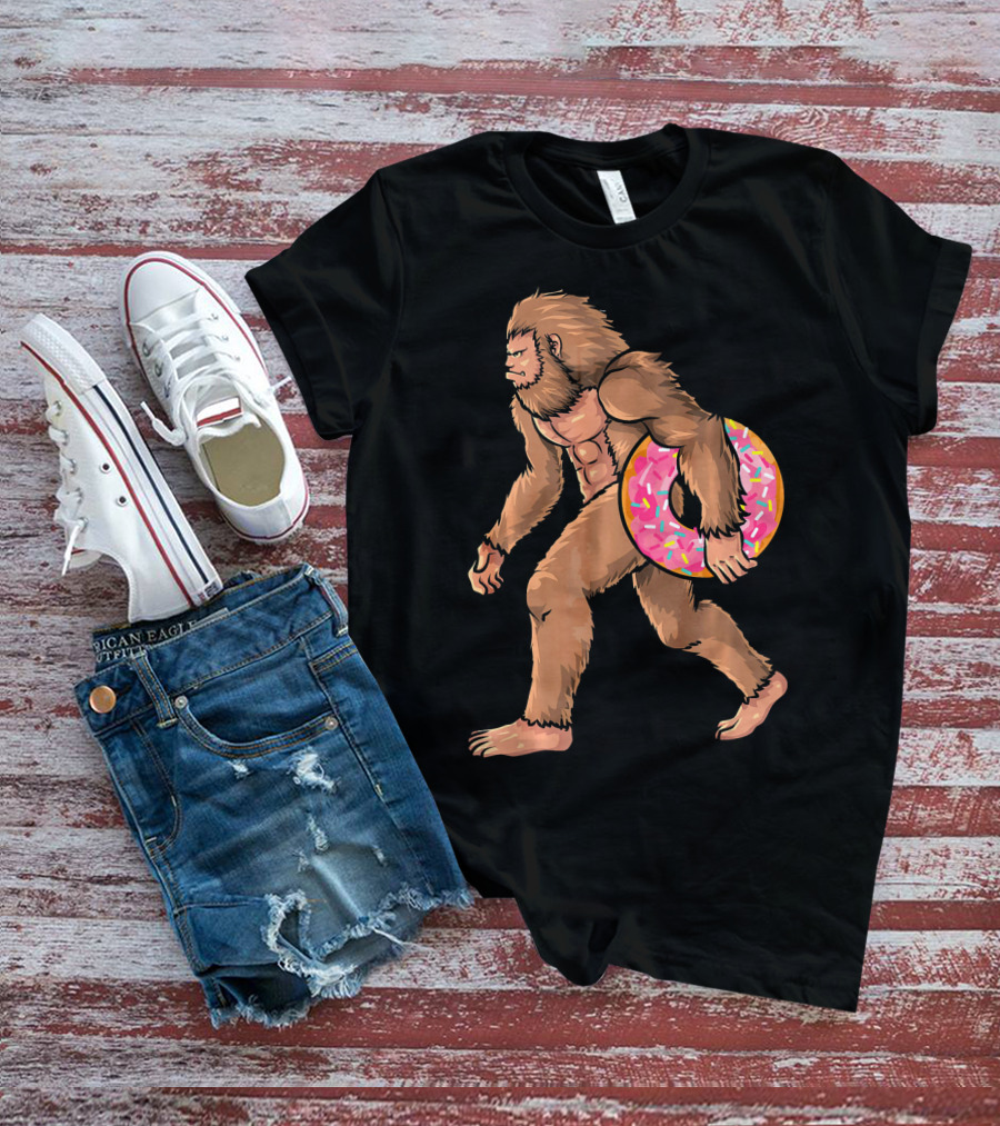 Bigfoot With Sprinkled Doughnut Walking Image T-Shirt