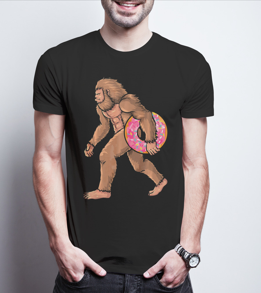 Bigfoot With Sprinkled Doughnut Walking Image T-Shirt
