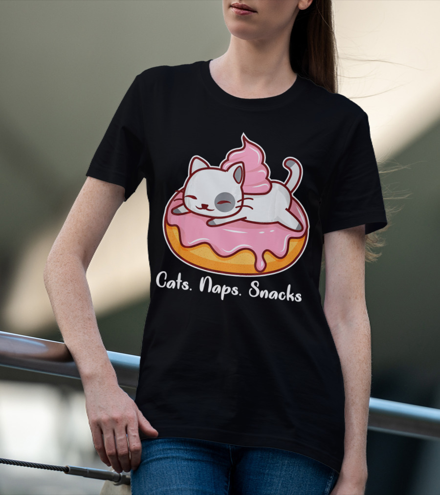 Cats Naps Snacks With Cute Kitty On Pink Icing Donut T-Shirt